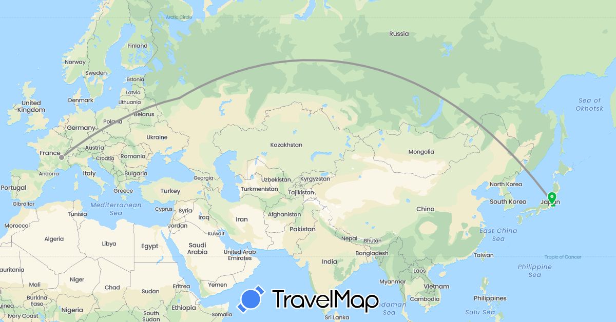 TravelMap itinerary: driving, bus, plane in France, Japan, Russia (Asia, Europe)